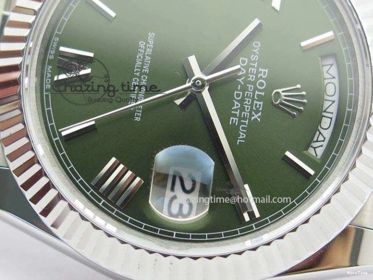 MiroTime 0424 Stretchable DayDate 40mm BP-Maker 228206 SS Green Roman Dial (Fluted Bezel) On SS Bracelet ETA 3904